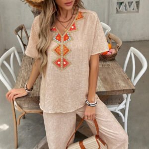 Women's casual suits, vacation texture, crepe lace, comfortable and loose two-piece set