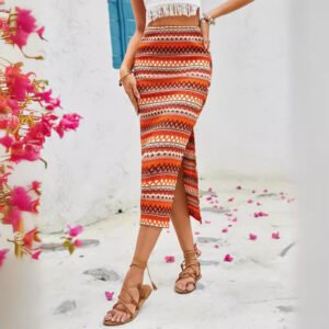Ethnic style knitted contrasting elastic slim fit slit skirt elegant commuting skirt women's dress women's skirt