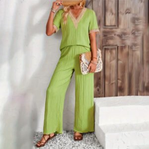Two-piece lace-neck short-sleeved top for women wide-leg pants solid color casual pants set