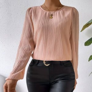 Chiffon pleated top for women pleated lantern sleeves round neck long sleeves women