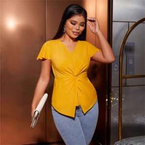 Casual and versatile women's collar kink waist-closing flying sleeve top solid color elegant shirt