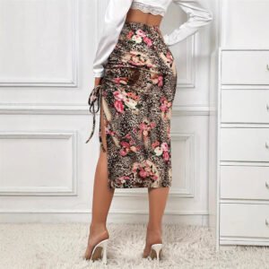 Fashion printed pleated side slit mid-waist hip skirt for early spring women leopard print skirt