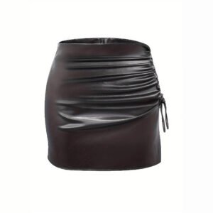 Design sexy hot girls solid color drawstring straps slit small penis high waist hip leather miniskirt