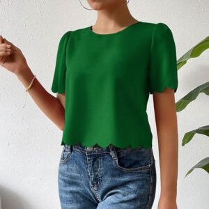 Solid color burnt flower shell edge exposed short top for women round neck short sleeve shirt shirt for women
