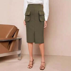 Women's elegant and fashionable front slit personality rubber waist work bag mid-length skirt commuter skirt